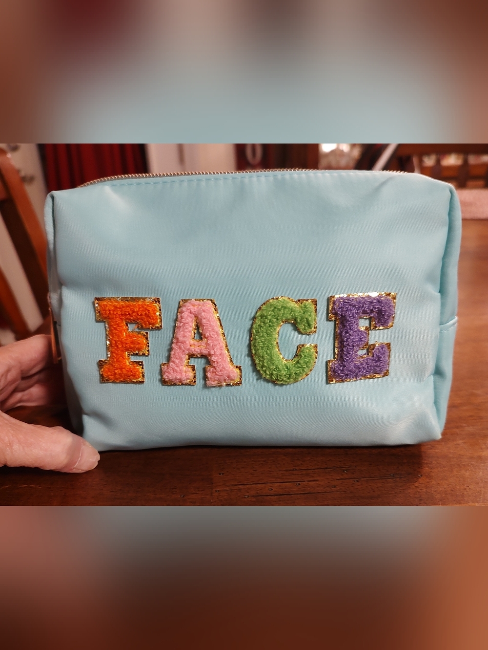 Light Blue FACE Embroidered Cosmetic Pouch